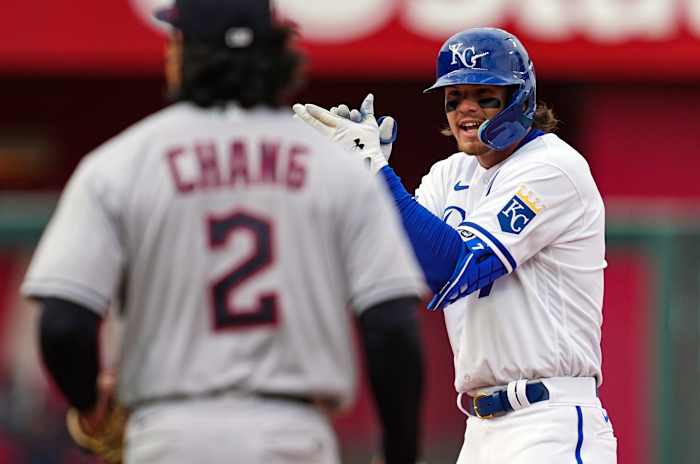 Apr 7, 2022; Kansas City, Missouri, USA; Kansas City Royals third baseman Bobby Witt Jr. (7) celebrates after hitting a go-ahead RBI double during the eighth inning against the Cleveland Guardians at Kauffman Stadium. Mandatory Credit: Jay Biggerstaff-USA TODAY Sports